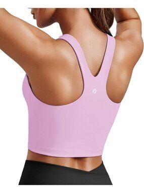 Women's Pink Sports Bra High Neck Racer Back Workout Longline Crop Tank Top